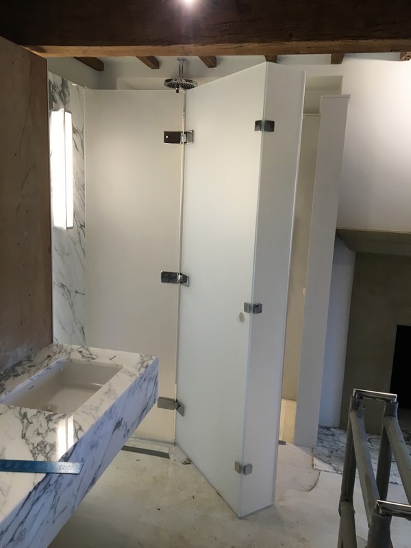 Bespoke frosted glass shower enclosure in Kensal Green luxury bathroom